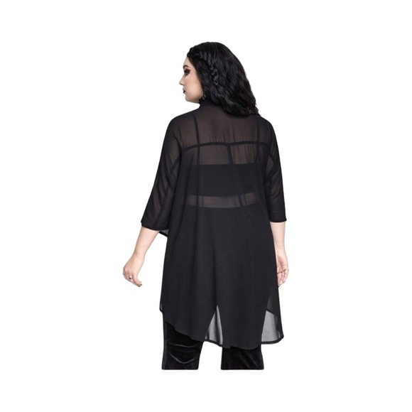 Black Batwing Sleeve Chiffon Button Down Ruffle Neck Goth 14/1XL - Picture 3 of 9